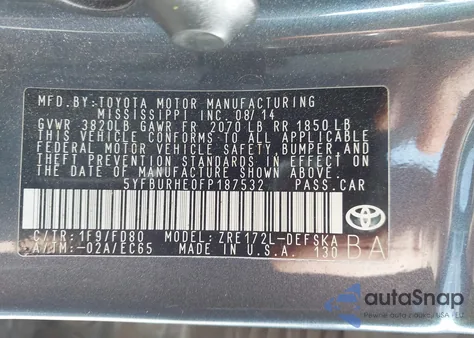 2015 Toyota Corolla S Plus z USA, uszkodzony, nr VIN 5YFBURHE0FP187532